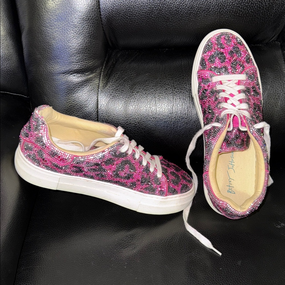 Betsey Johnson Pink and Black Glitter Leopard Sneakers